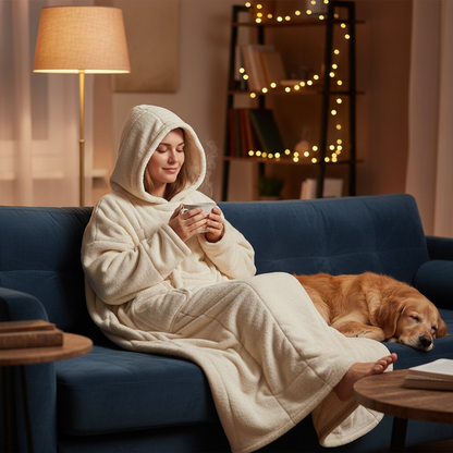 Person wrapped in SleepPod wearable weighted blanket on a cozy couch