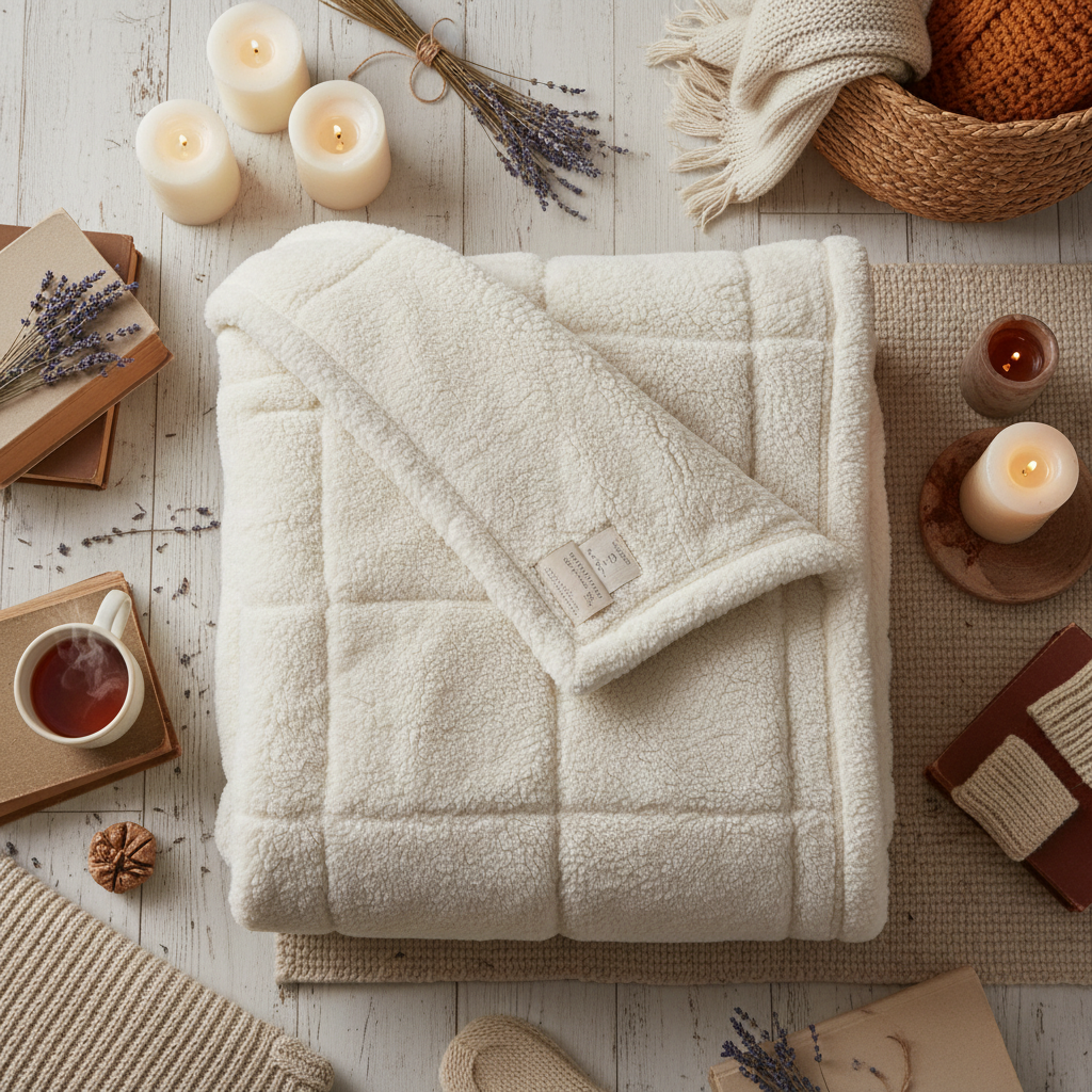 SleepPod wearable weighted blanket flat lay with candles and lavender